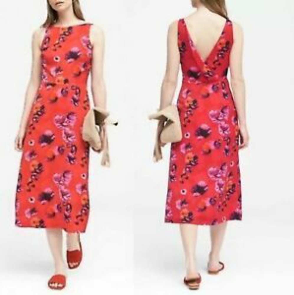 NWT, Banana Republic Petite Red Poppy Floral Dress - Picture 3 of 13